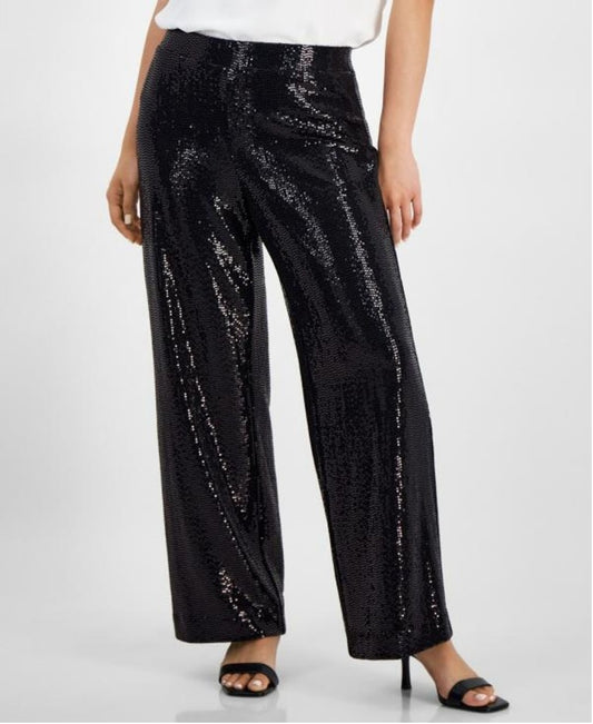 Anne Klein Medium Petite Black Shine Pull-On Mid-Rise Wide-Leg Sparkle Pants NWT