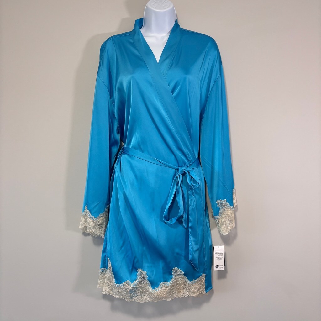 INC International Concepts Women's Blue w/ Lace-Trim Stretch Satin Robe NWT