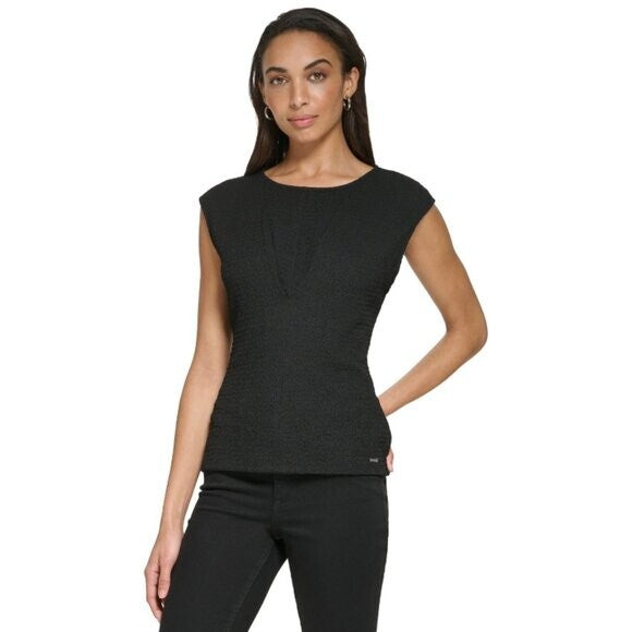 CALVIN KLEIN Black Cap Sleeve Pleated V-Bodice Textured Blouse NWT