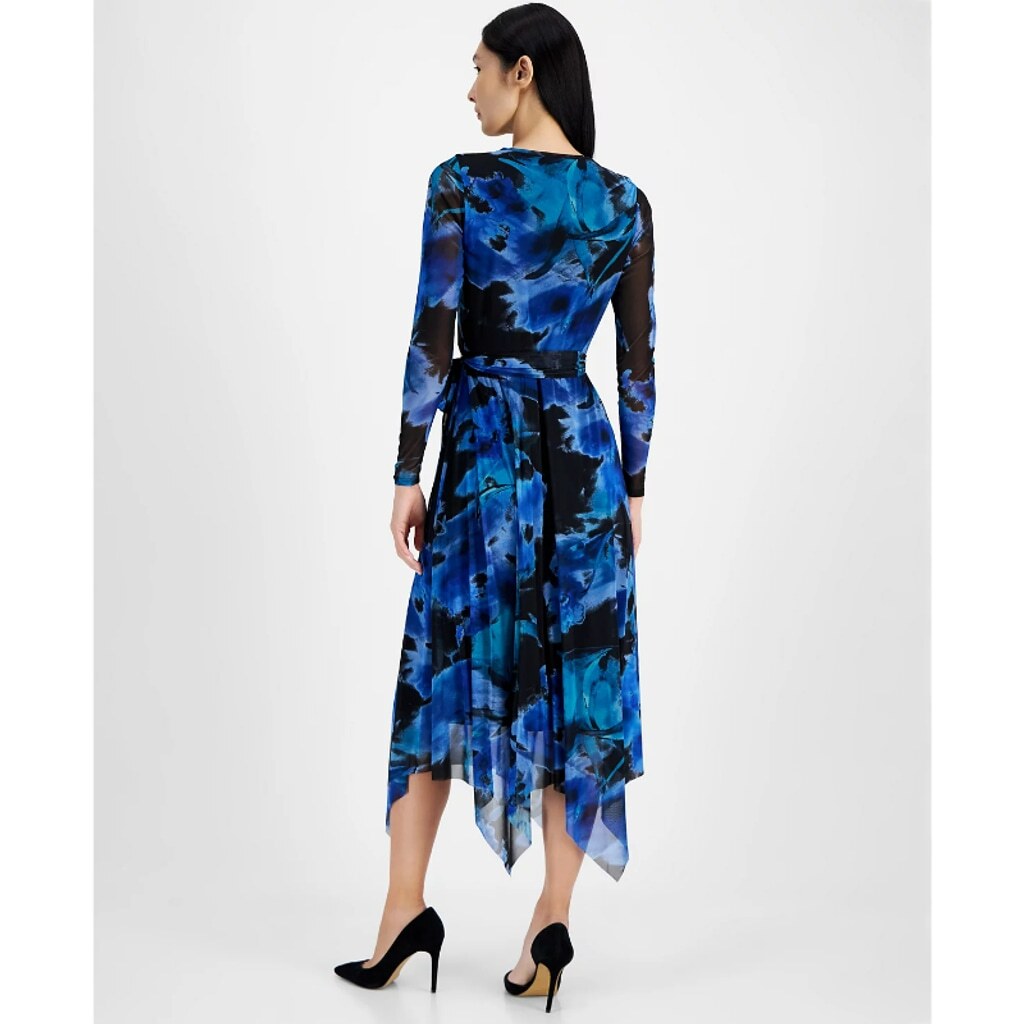 Anne Klein Women's Small Petite Blue Printed Handkerchief-Hem Midi Dress NWT