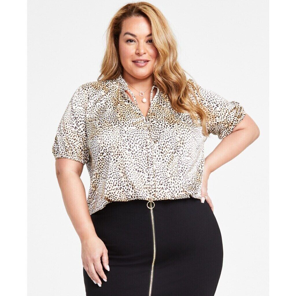 INC International Concepts Plus Size Leopard Print Surplice Satin Blouse NWT