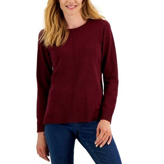 Karen Scott Women's Burgundy Seam Front Knit Crewneck Sweater NWT