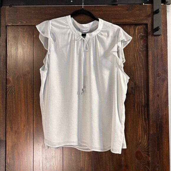 CALVIN KLEIN Plus Size Tie-Neck Ruffle-Sleeve Grey Chiffon Blouse NWT
