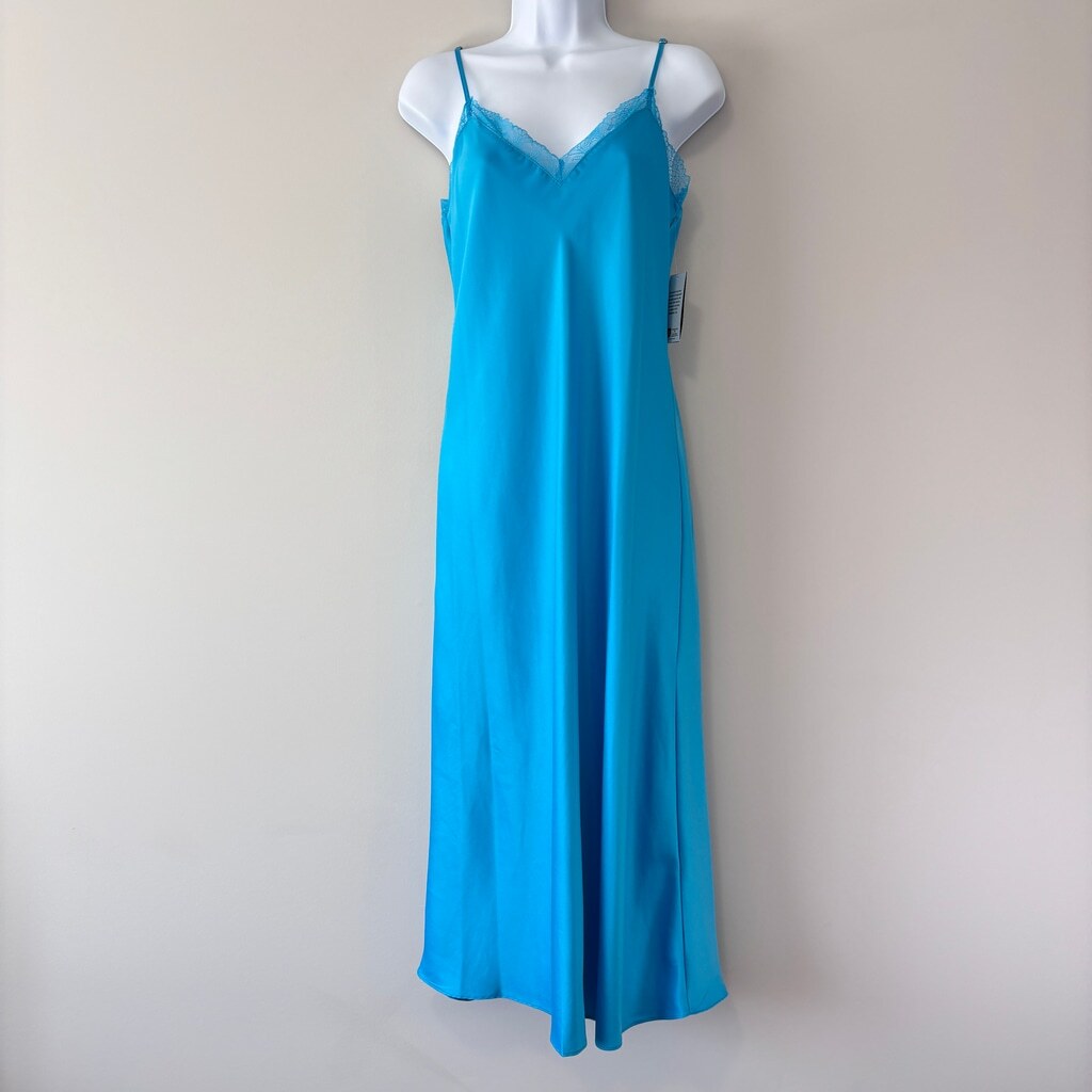 INC International Concepts Women's XS Blue Lace-Trim Long Satin Nightgown NWT