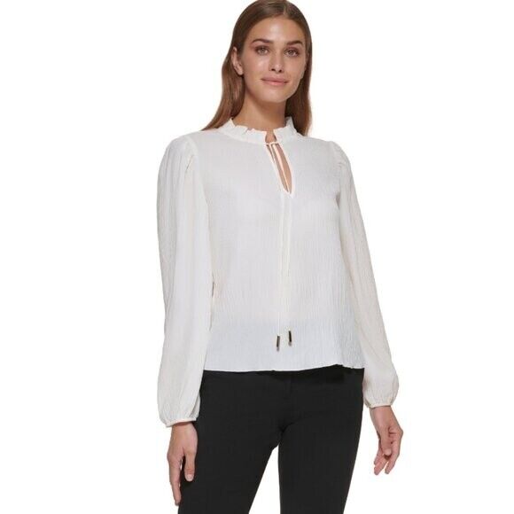 DKNY Women's Mock-Turtleneck Tie Off White Long-Sleeve Top NWT