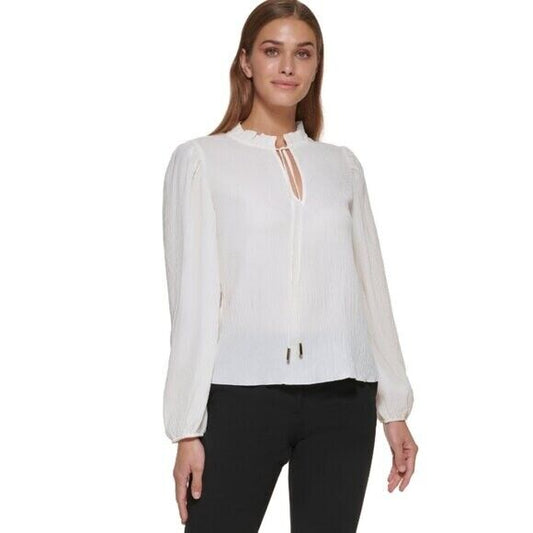 DKNY Women's Mock-Turtleneck Tie Off White Long-Sleeve Top NWT