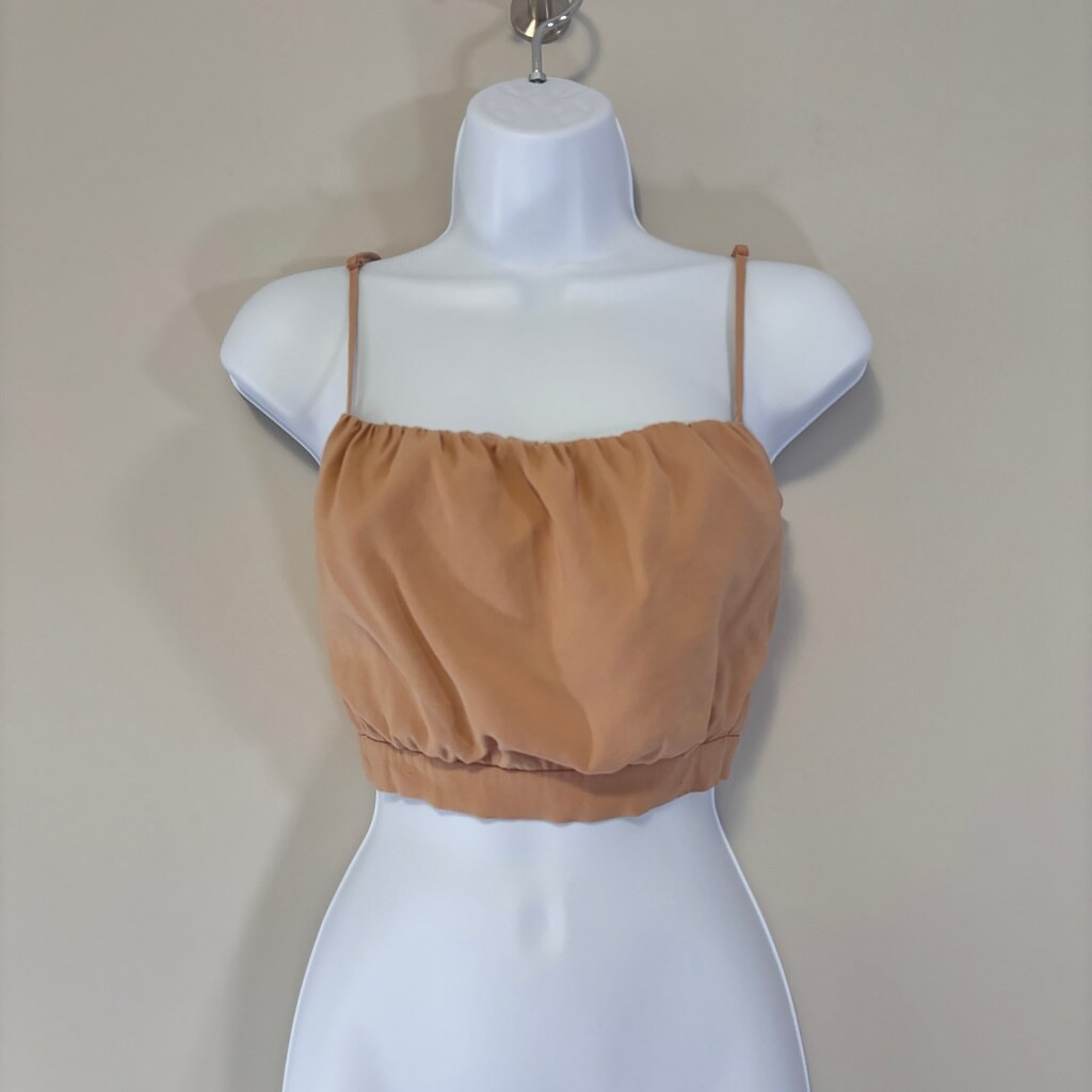 LEYDEN Women's Small Linen Beige / Tan Gathered Cami Crop Top NWT