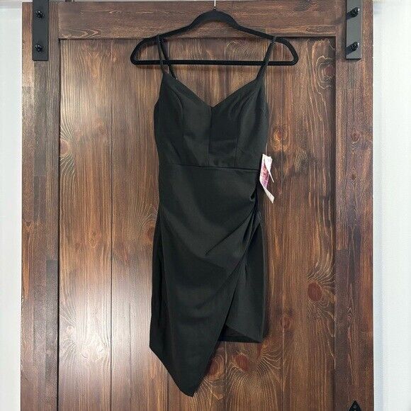 EMERALD SUNDAE Black Asymmetrical-Hem Mini Bodycon Strappy Dress NWT