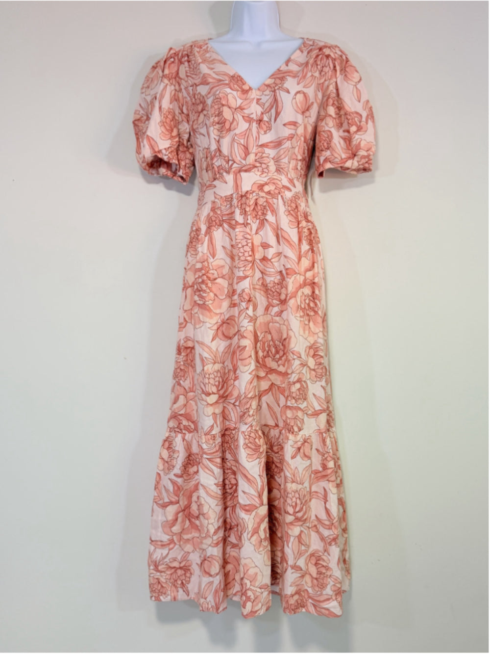 CeCe Women’s Medium Pink Floral Printed Linen Puff Sleeve V-Neck Maxi Dress NWT