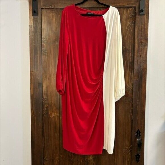 Kasper Plus Size Quinn White and Red Colorblocked Split-Sleeve Dress NWT
