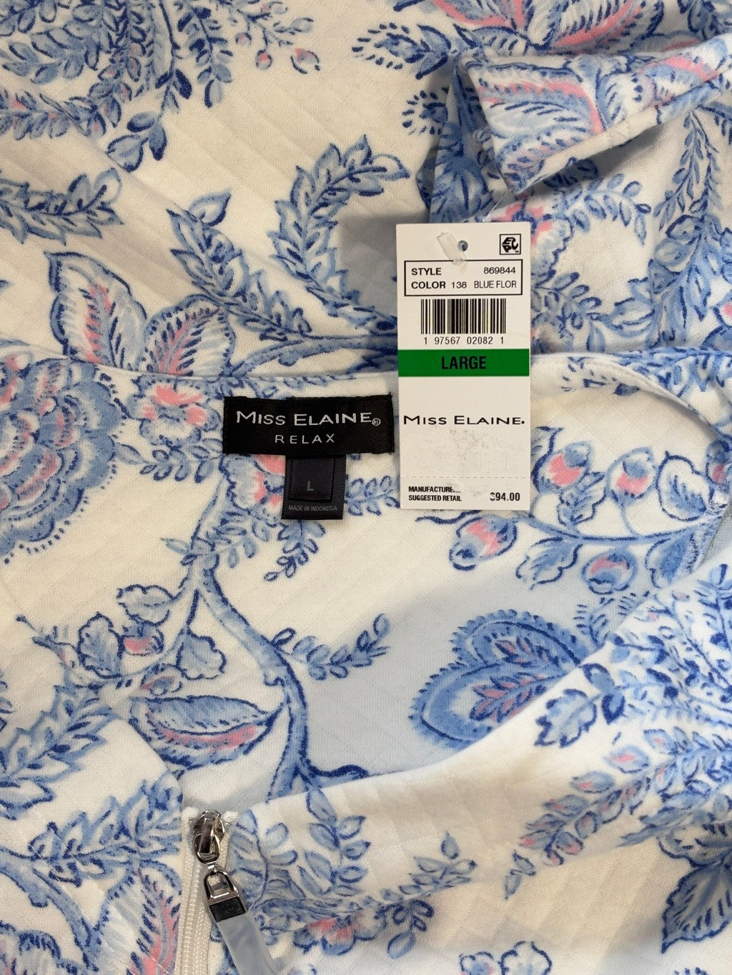 Miss Elaine Size Large Relax White & Blue Floral Quilted Zip Front Robe NWT