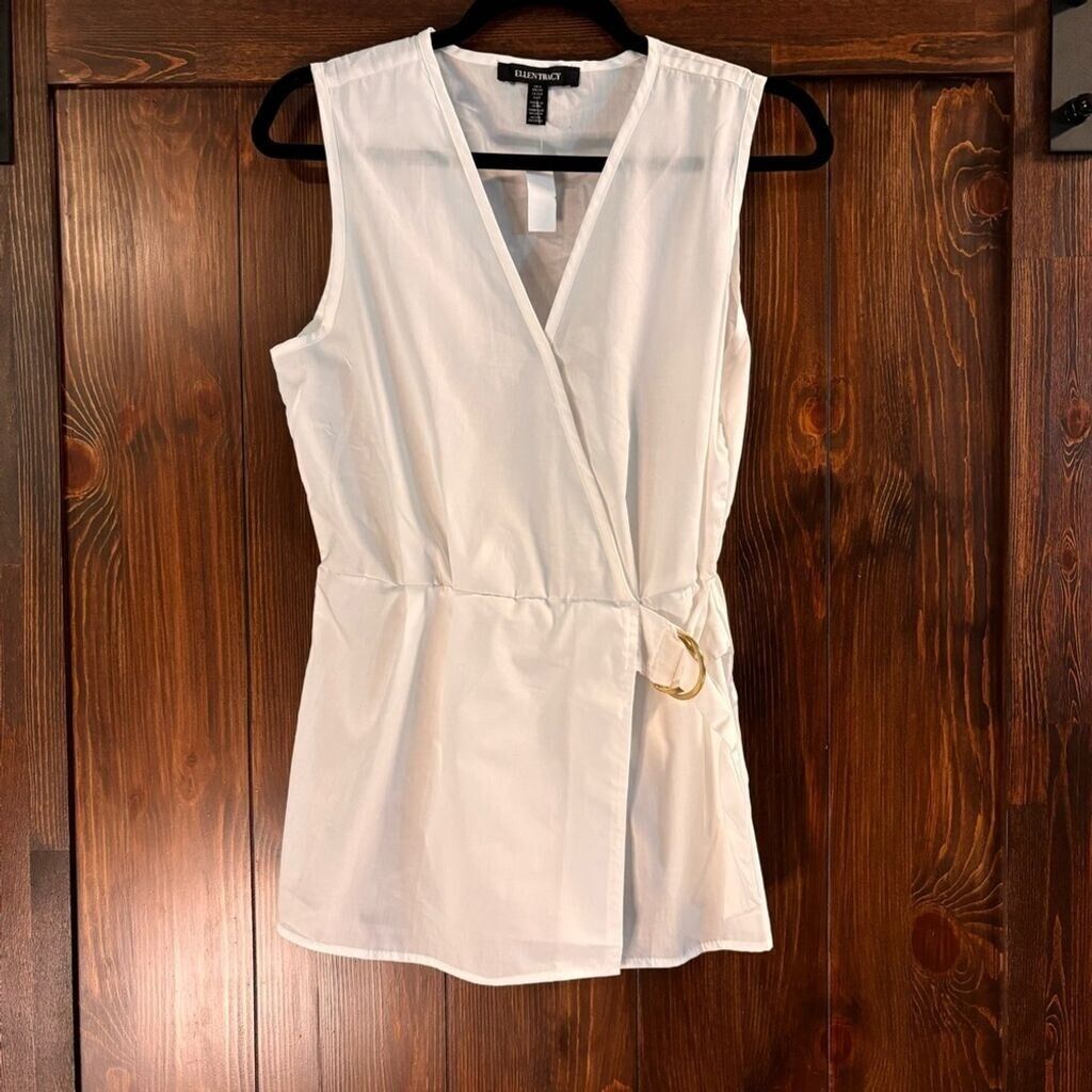 ELLEN TRACY Faux Wrap White V-Neck Top NWT