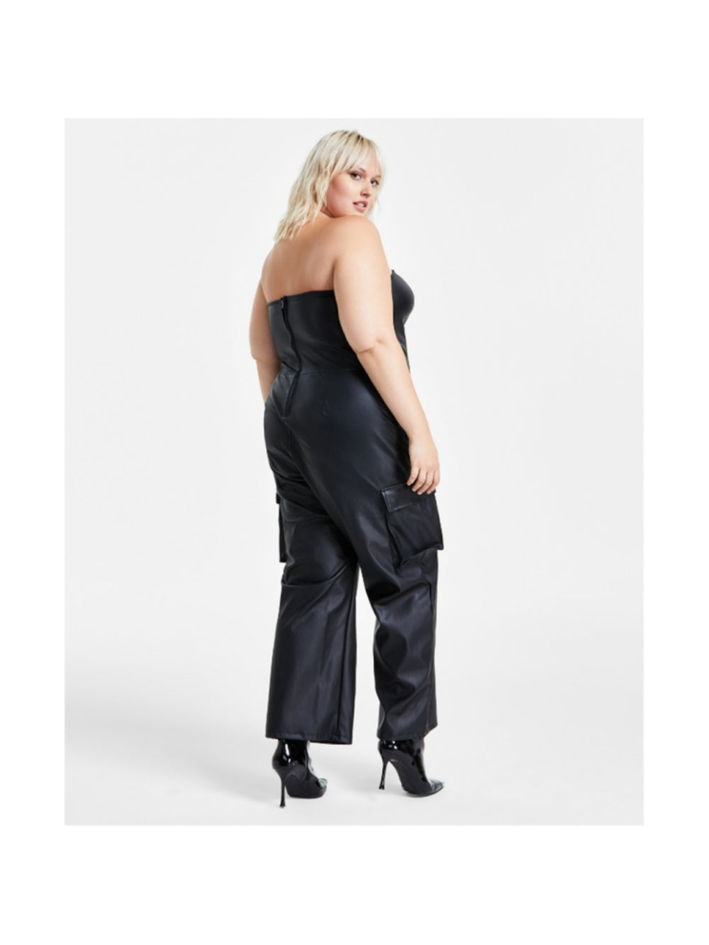 Bar III Women's Plus Size 14W Black Strapless Faux-Leather Jumpsuit NWT