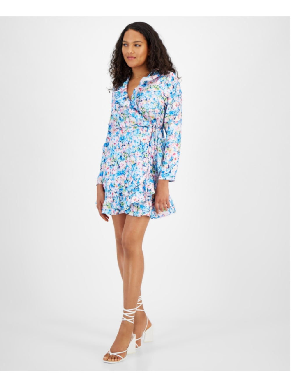 Bar III Women's XSP Blue Floral Ruffled V-Neck Long-Sleeve Wrap Dress NWT