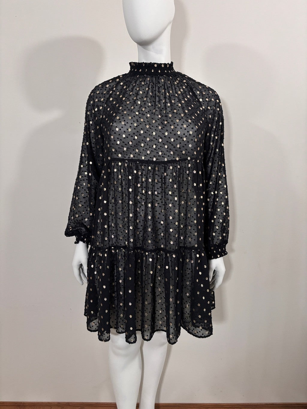 ON 34th Women's Large Black & Metallic Gold Dot Tiered Sheer Dress NWT