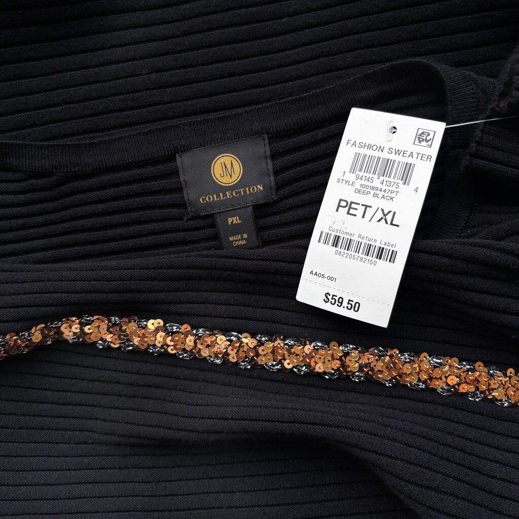 JM Collection Extra Large Petite Gold Sequined Stripe Black Ribbed Sweater NWT