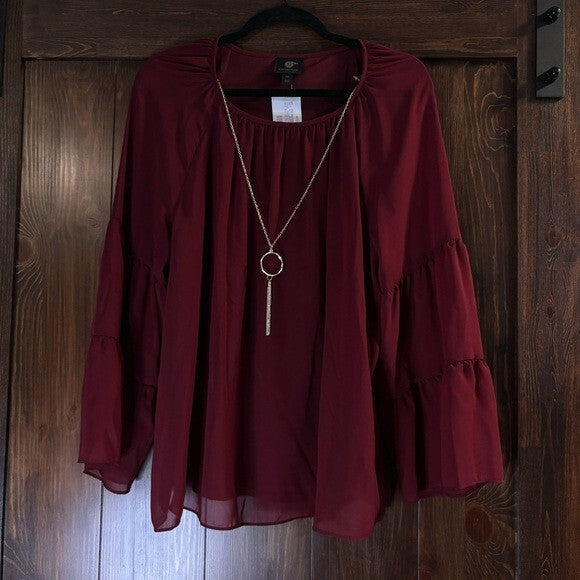 JM Collection Petite Extra Large Burgundy Long Tier-Sleeve Necklace Top NWT.