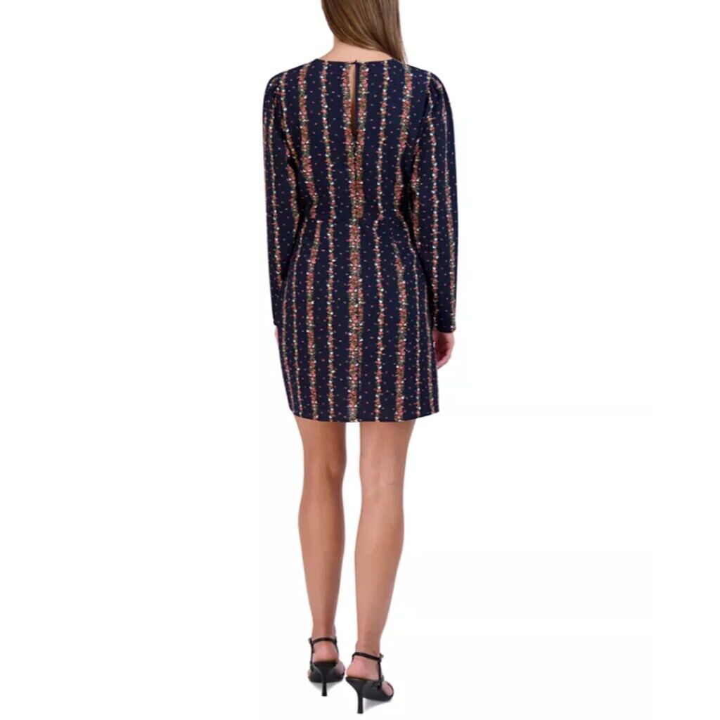 BCBGeneration Women's XL Navy Blue Floral-Striped Long-Sleeve Mini Dress NWT