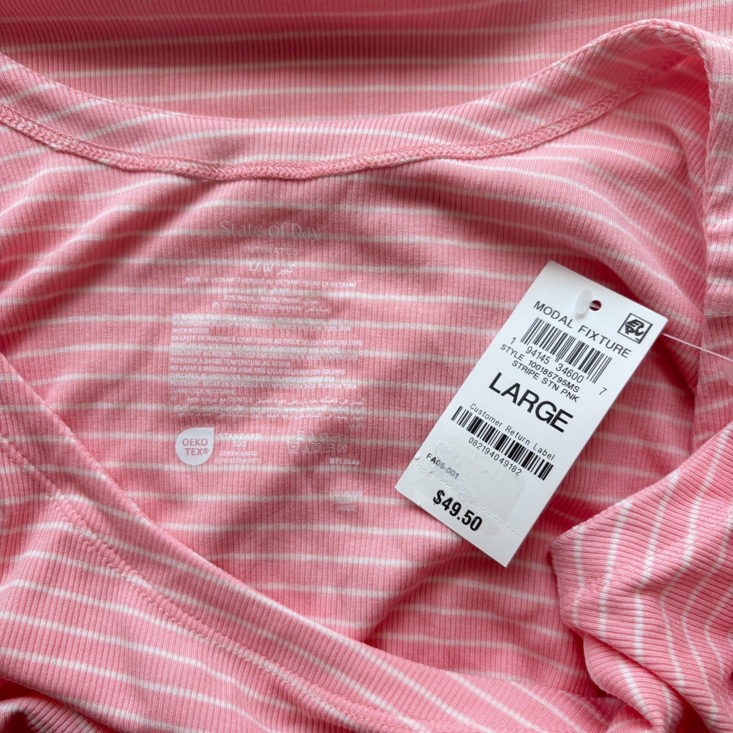 State of Day Women's Pink & White Stripe Ribbed Tank Nightgown Pajamas NWT