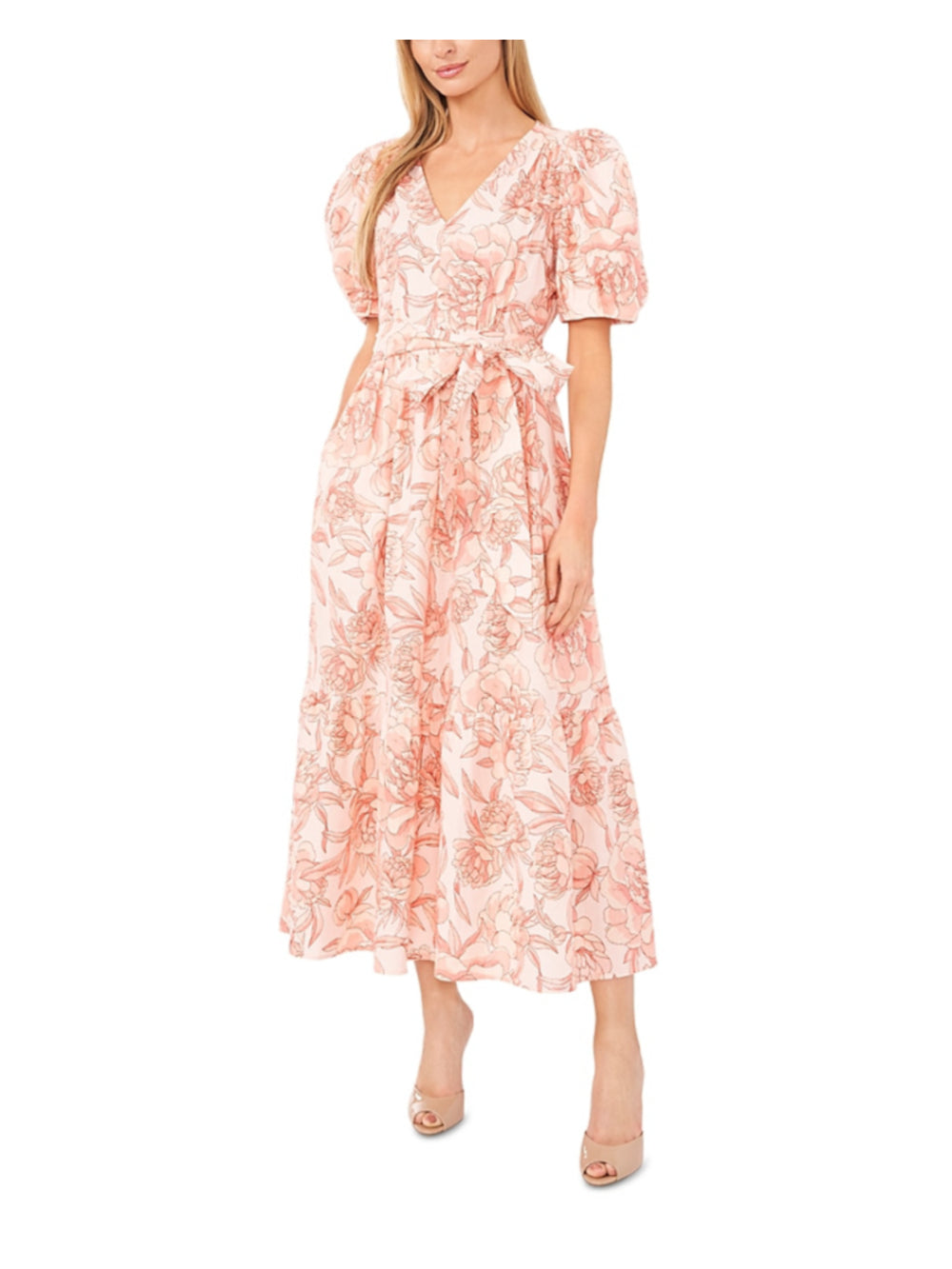 CeCe Women’s Medium Pink Floral Printed Linen Puff Sleeve V-Neck Maxi Dress NWT