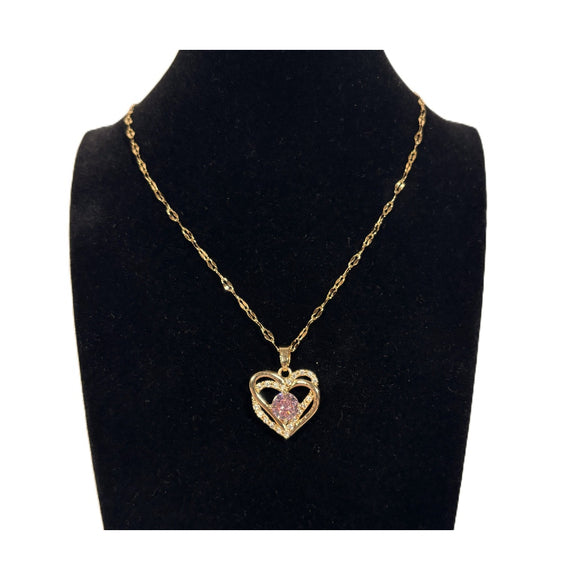 Gold Chain & Pink Cubic Zirconia Heart Pendant Necklace NWT