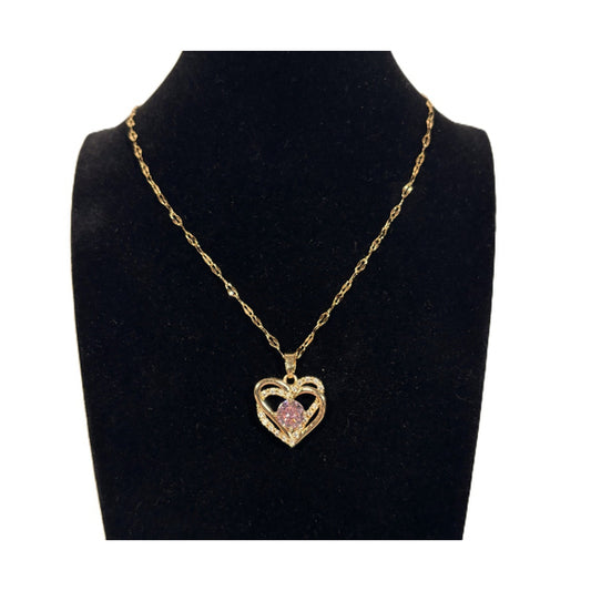 Gold Chain & Pink Cubic Zirconia Heart Pendant Necklace NWT