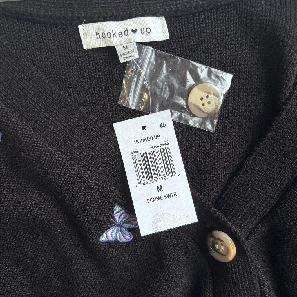 Hooked Up Juniors' M Puff-Sleeve Embroidered Butterfly Cardigan Sweater NWT