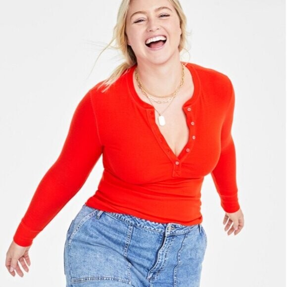 On 34th Plus Size Bright Orange Ribbed Long-Sleeve Henley Top NWT