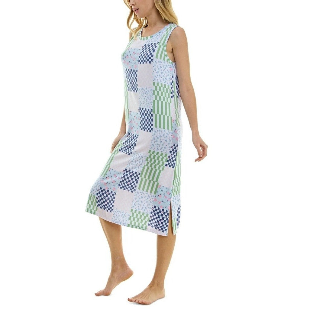 Roudelain Women's White & Blue Patchwork Printed Sleeveless Soft Nightgown NWT