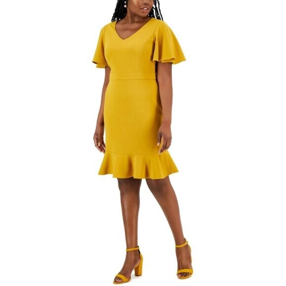 KASPER Women's Flutter-Sleeve Yellow/Gold Sheath Dress NWT