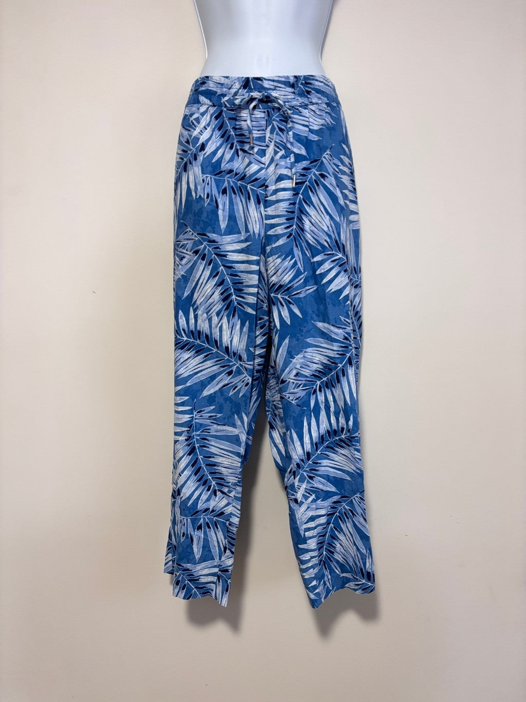 Jones New York Size Large Blue Tropical Leaf Drawstring Waist Linen Pants NWT