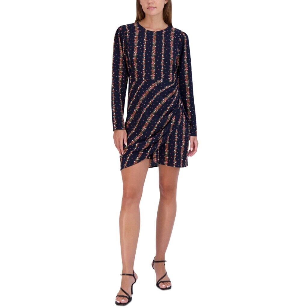 BCBGeneration Women's XL Navy Blue Floral-Striped Long-Sleeve Mini Dress NWT
