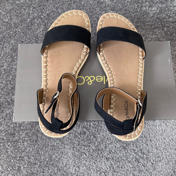 Style & Co Women's 6 Black & Tan Ankle-Strap Espadrille Flat Sandals NIB