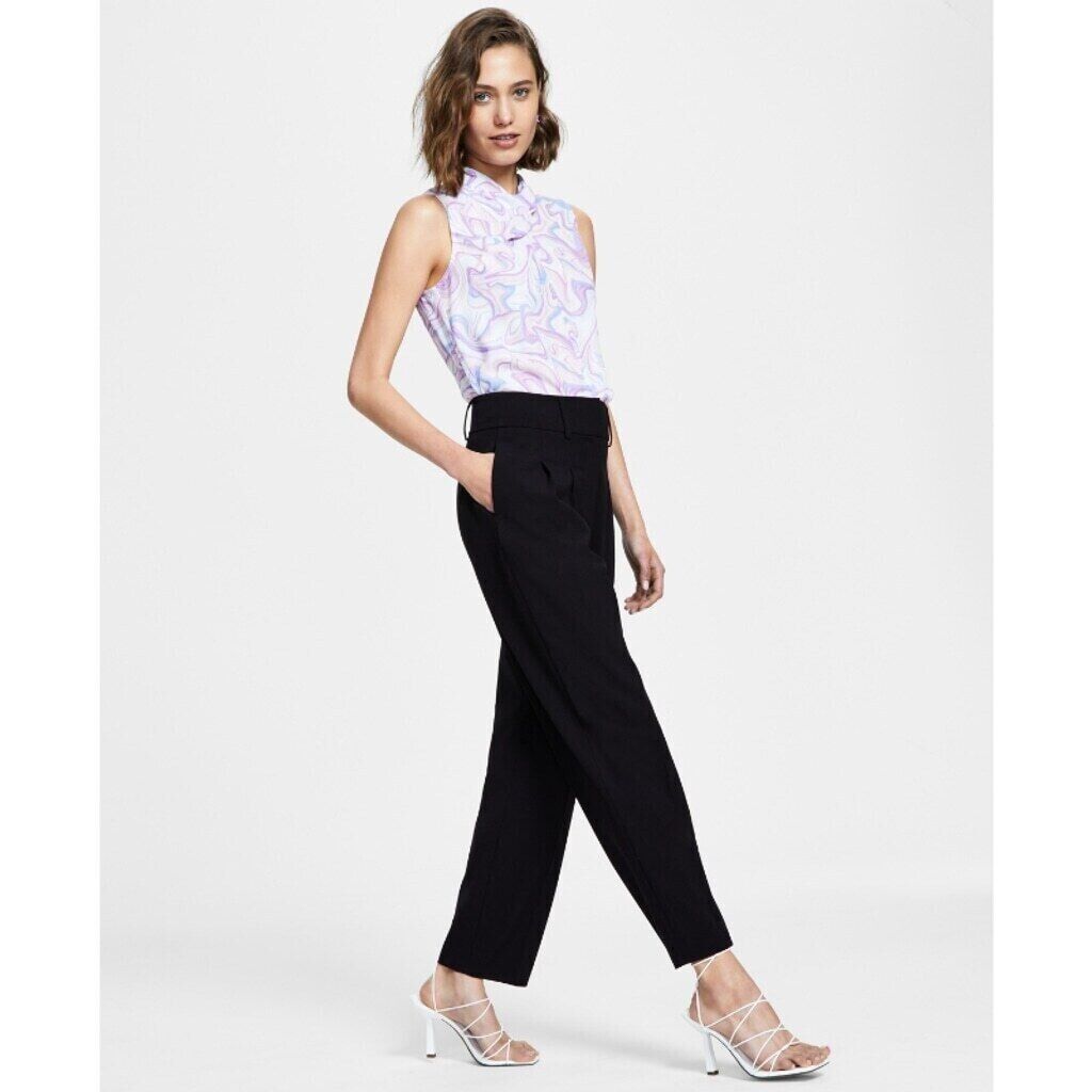 Bar III Women's Bi-Stretch Pleated Straight-Leg Black Ankle Dress Pants NWT