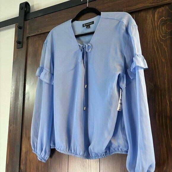 I.N.C. International Concepts Blue Lace-Up Ruffle-Sleeve Blouse NWT.