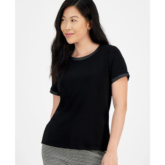 Anne Klein Women's Petite Large Black Short-Sleeve Button-Back Crewneck Top NWT