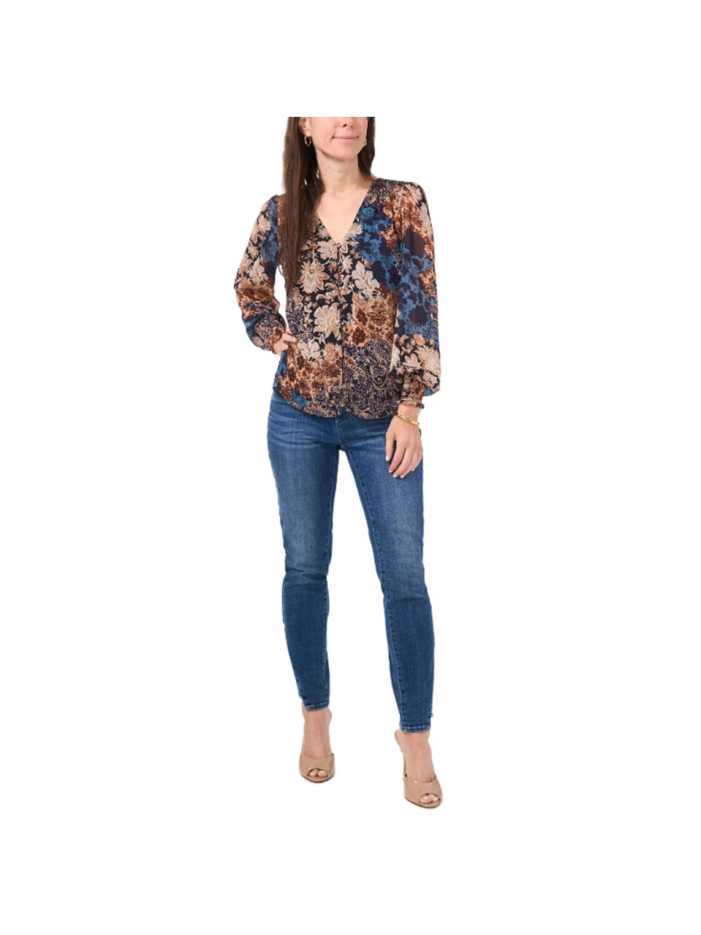 Sam & Jess Women's Medium Petite V-Neck Smocked-Trim Long-Sleeve Top NWT