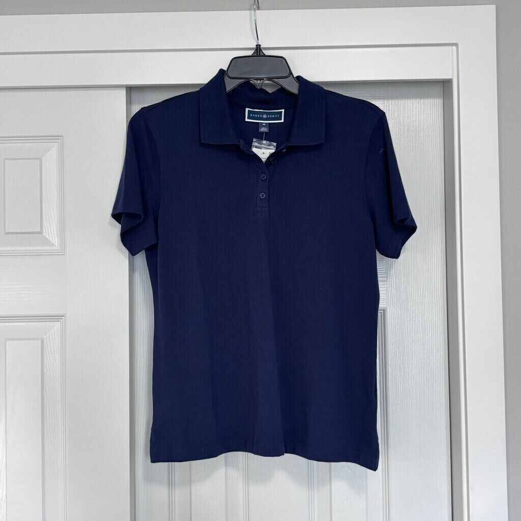 Karen Scott Women's Petite Navy Blue Knit Collared Cotton Polo Top NWT