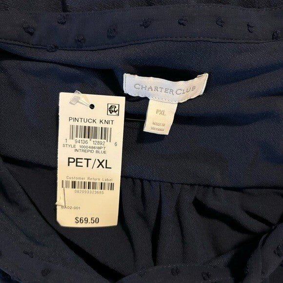 CHARTER CLUB Women's Textured Pintuck Navy Blue Chiffon Top NWT