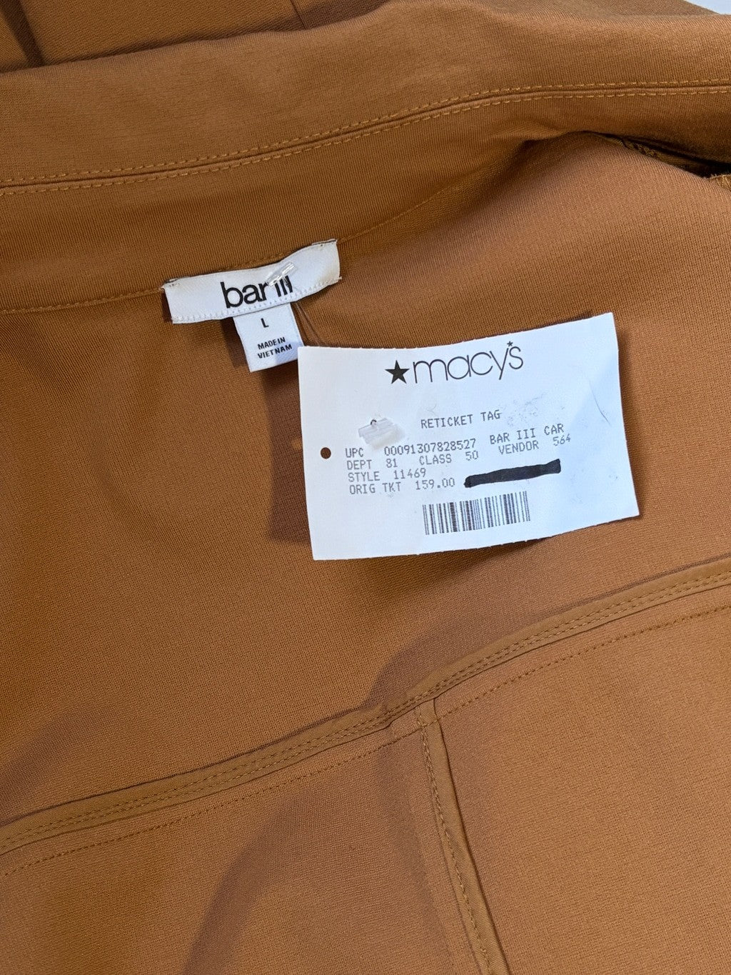 Bar III Size Large Caramel Coloured Double Breasted Belted Trench Coat NWT