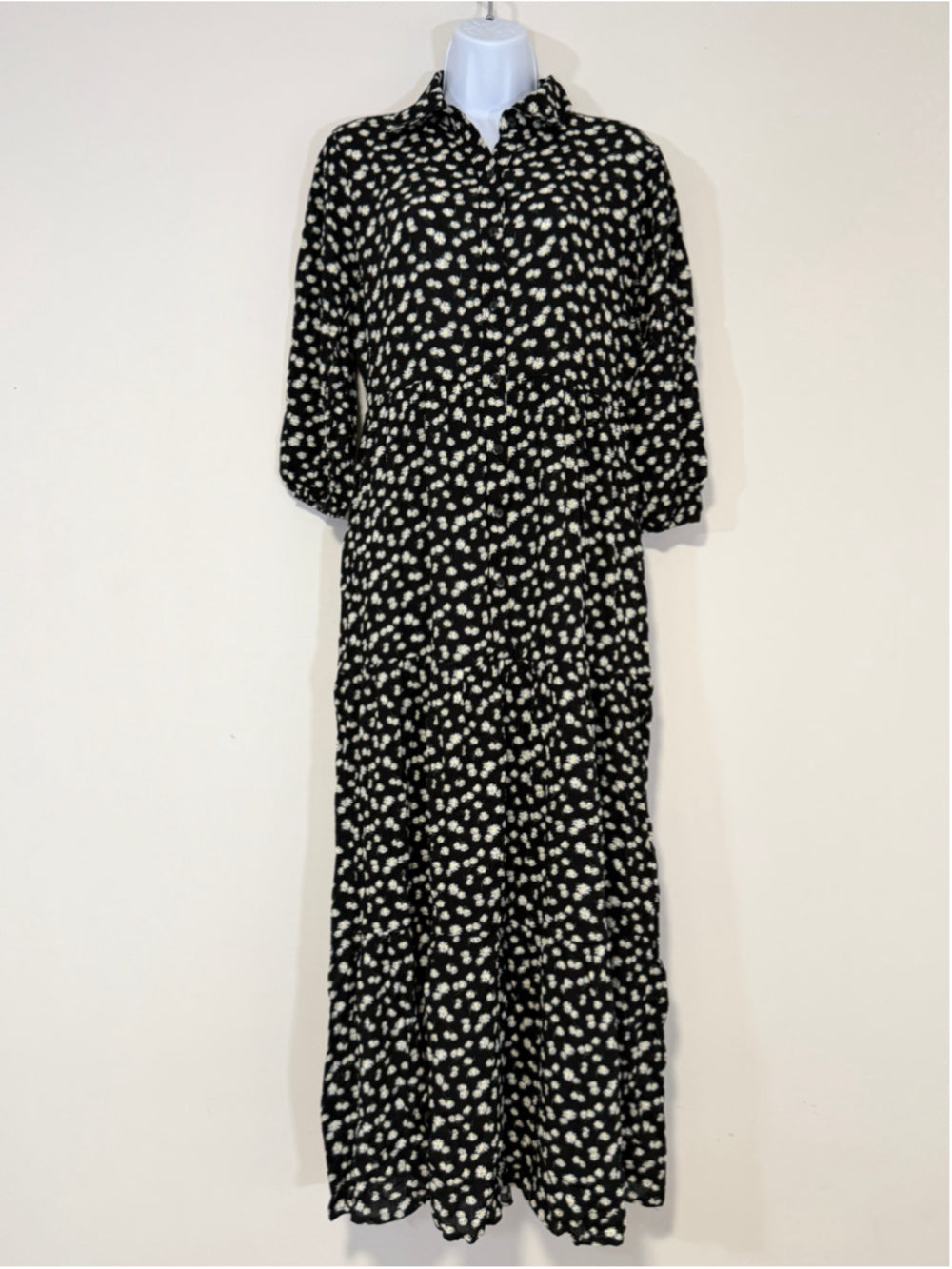 NY Collection Women's Medium Petite Black Floral Tiered Maxi Shirt Dress NWT