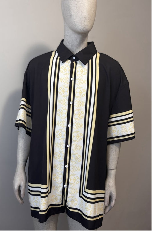 SHEIN Manfinity Men's 6XL Button-Up Shirt Black White Yellow Geometric Print NIB