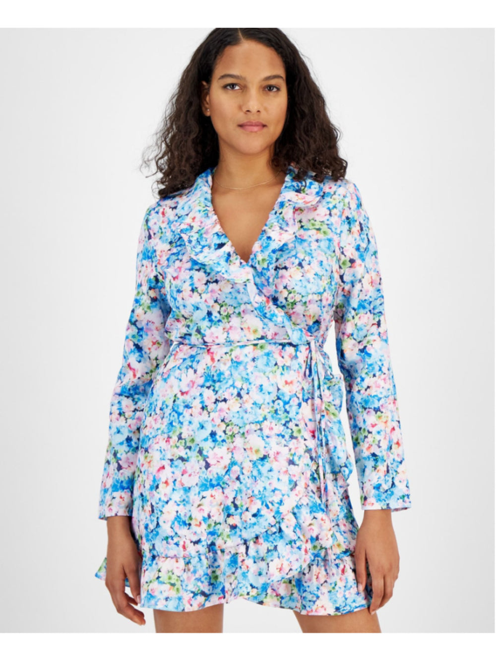 Bar III Women's XSP Blue Floral Ruffled V-Neck Long-Sleeve Wrap Dress NWT