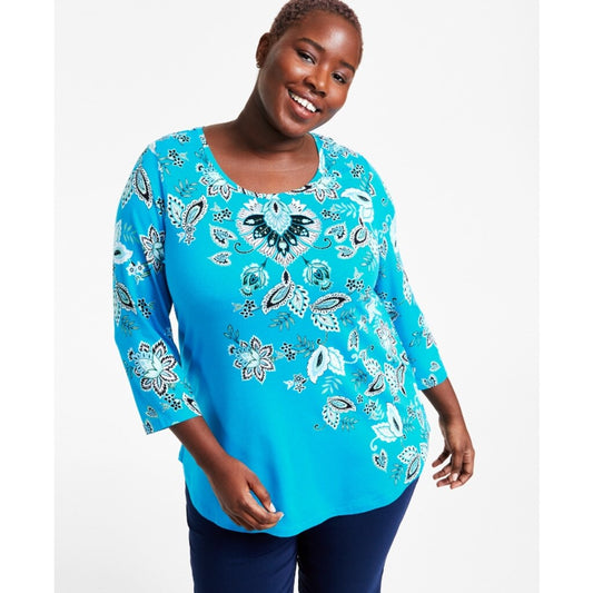 JM Collection Plus Size 0X Blue Paisley Printed Top NWT