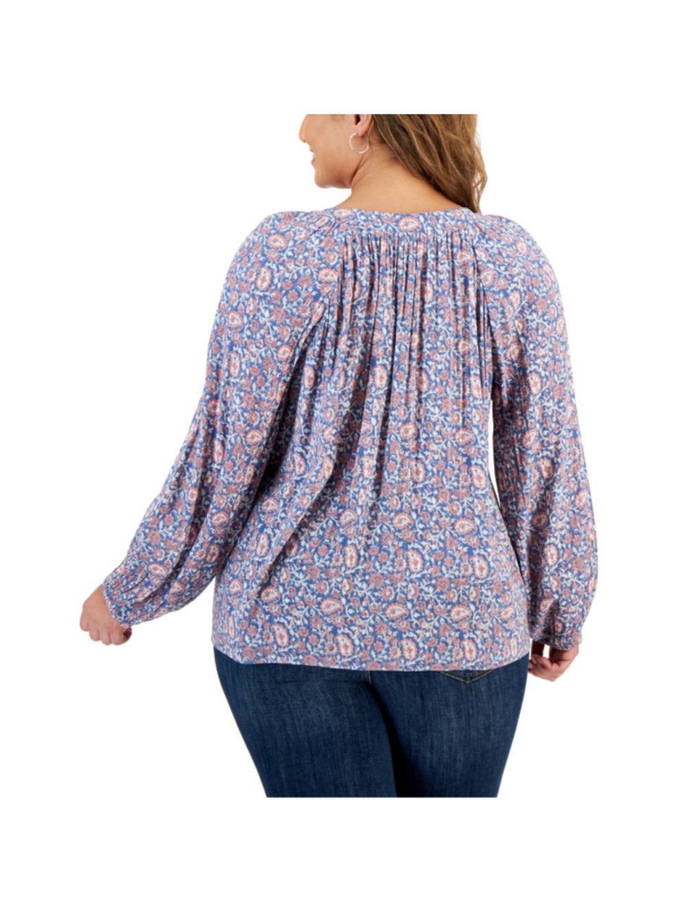 Style & Co. Plus Size 2X Blue & Pink Floral Peasant Blouse Tassel Tie NWT