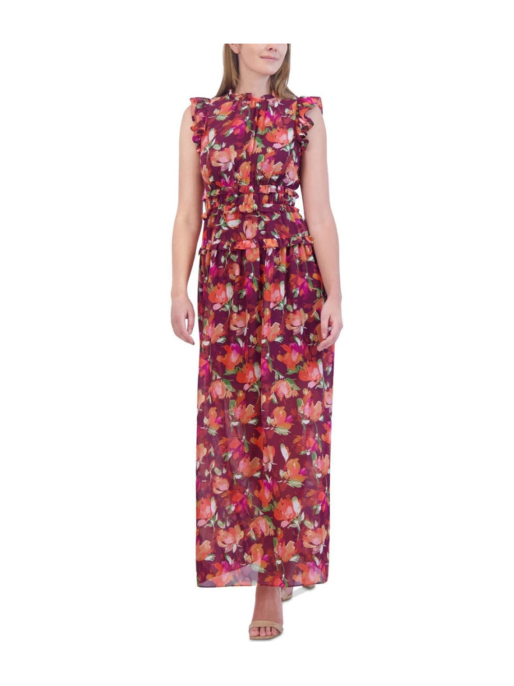 Vince Camuto Women's Burgundy Floral Ruffle Chiffon Maxi Dress NWT