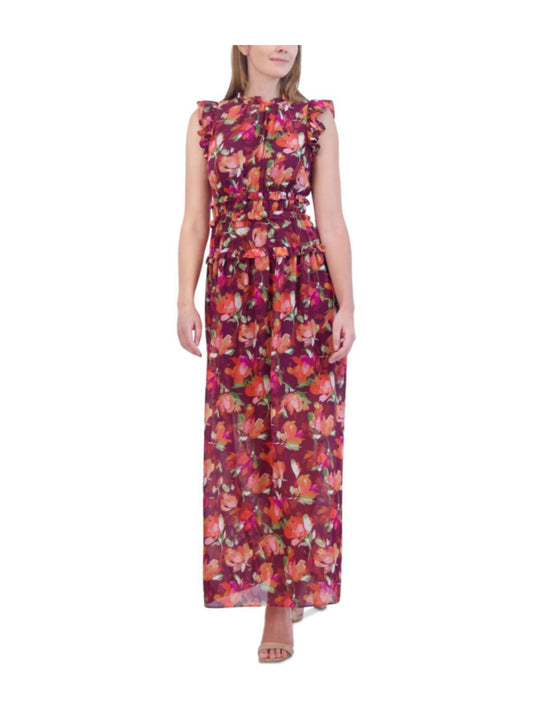 Vince Camuto Women's Burgundy Floral Ruffle Chiffon Maxi Dress NWT