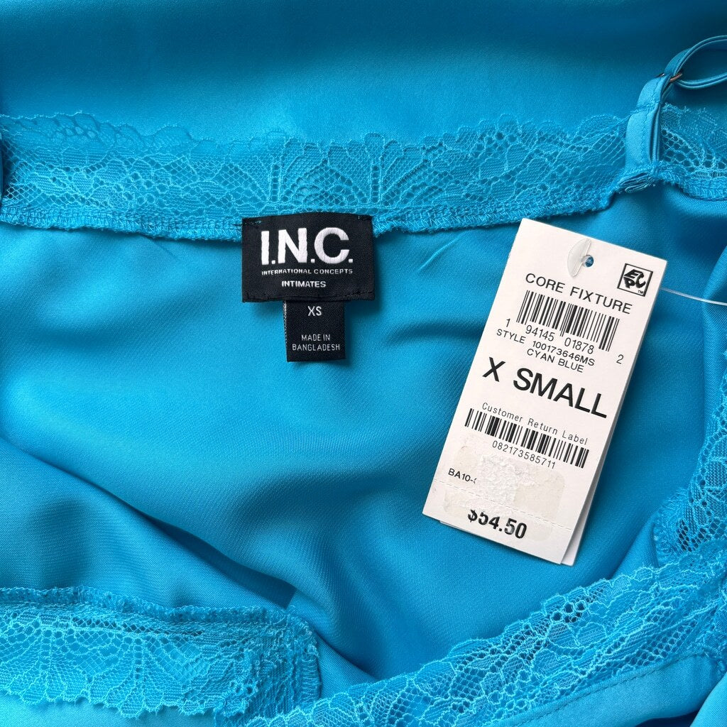 INC International Concepts Women's XS Blue Lace-Trim Long Satin Nightgown NWT