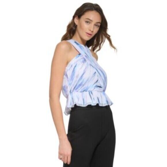 DKNY Women's Medium Blue Chiffon Printed Crisscross Metallic-Detail Top NWT