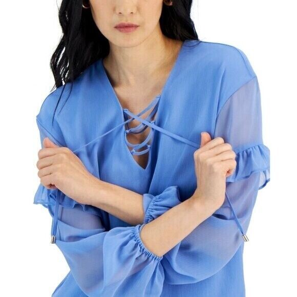 I.N.C. International Concepts Blue Lace-Up Ruffle-Sleeve Blouse NWT.